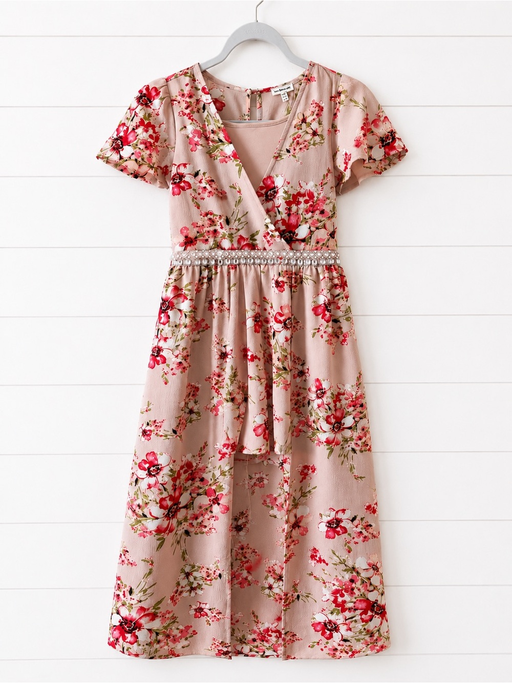 Monteau Girl Size 10 Pink Flower Dress shorts Floral High-Low Wrap Dress